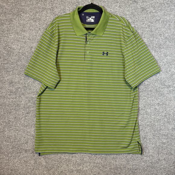 Under Armour Shirt Mens XL Green Striped Polo Short Sleeve Performance - Picture 1 of 9